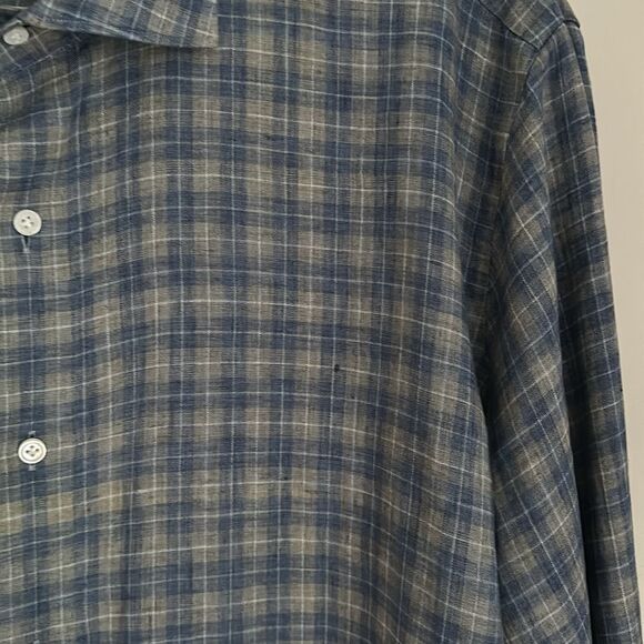 Peter Millar Blue Plaid 100% Linen Button-Up Shirt Mens Long Sleeve Size Large - Picture 11 of 11